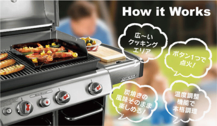 ウェーバーのガスグリルは広いクッキングエリア・炭焼きの風味・温度調整機能・ボタン1つで点火ととっても便利!